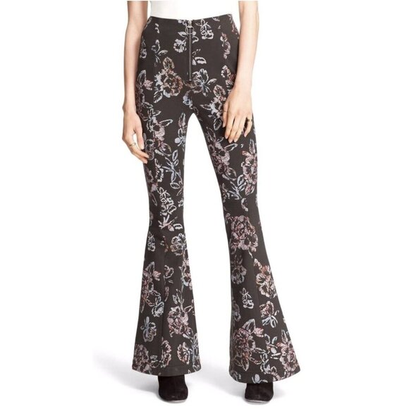 FREE PEOPLE Born to Be Wild Pants Size 4 Bell Bottom Flare Floral Ponte Knit - Picture 1 of 10